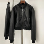 OFTBUY Women's Short Black Faux Leather Cropped Bomber Jacket Ribbed Trim PU Aviator Coat Female New Casual Vintage Outerwear