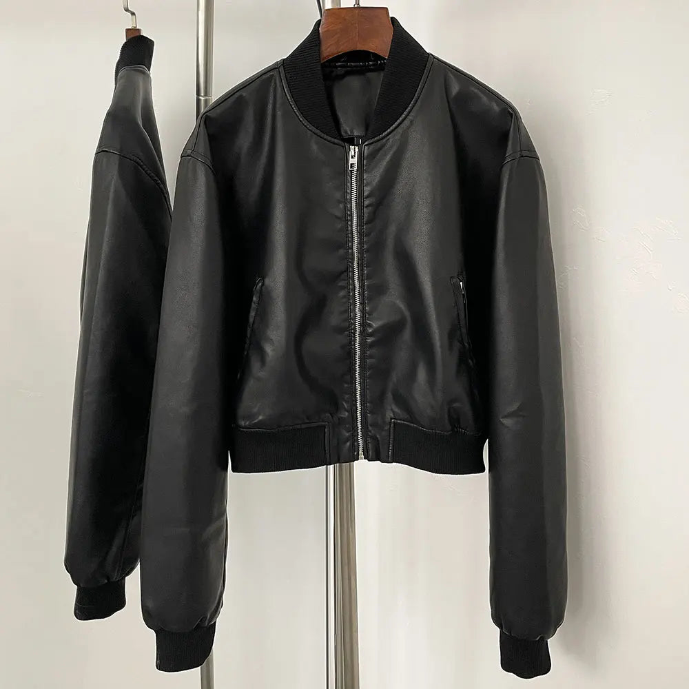 OFTBUY Women's Short Black Faux Leather Cropped Bomber Jacket Ribbed Trim PU Aviator Coat Female New Casual Vintage Outerwear