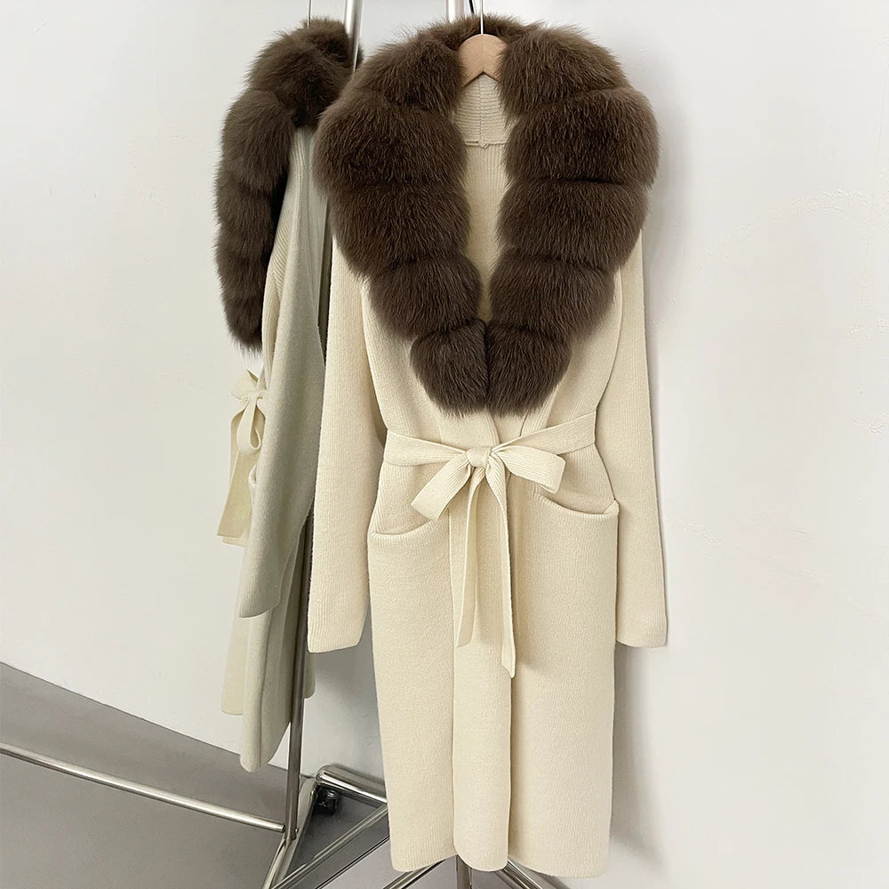 OFTBUY Women's Luxury Brown Knit Cardigan with Real Fox Fur Collar Belted Sweater Coat Female New Fashion Warm Winter Outerwear