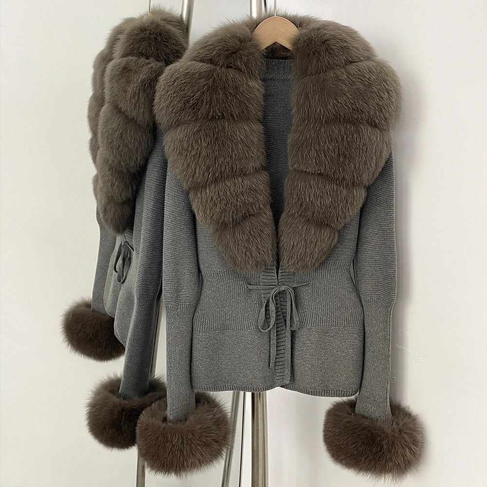 OFTBUY New Autumn Winter Knit Cardigan Women Fashion Warm Clothes with Real Fox Fur Luxury Natural Fur Sweater Jacket Female