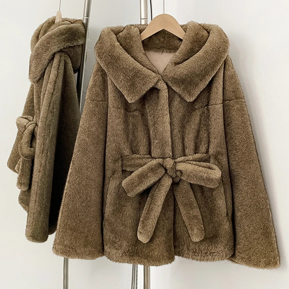 OFTBUY Wholesale Hooded Belt Faux Fur Coat Female Thickened Warm Fluffy Fake Fur Jacket Women New Winter Long Sleeve Fur Clothes Female