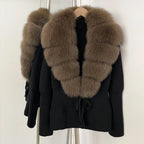 OFTBUY Luxury 100% Cotton Jacket with Real Fox Fur Collar New Autumn Winter Knit Cardigan Women Slim Warm Sweater Outerwear Lady