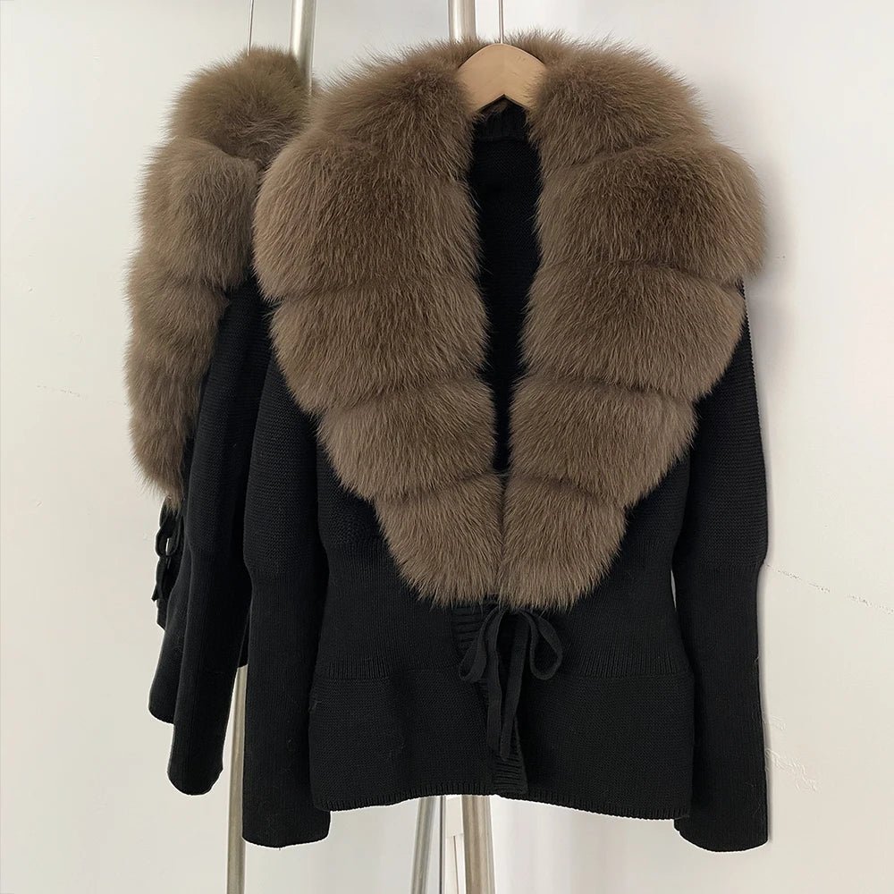 OFTBUY Luxury 100% Cotton Jacket with Real Fox Fur Collar New Autumn Winter Knit Cardigan Women Slim Warm Sweater Outerwear Lady