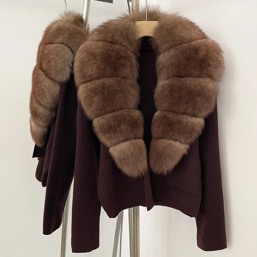 OFTBUY New Women's Knit Cardigan with Large Real Fox Fur Collar Loose Fit Warm Winter Fashion Lady Outerwear Sweater Female