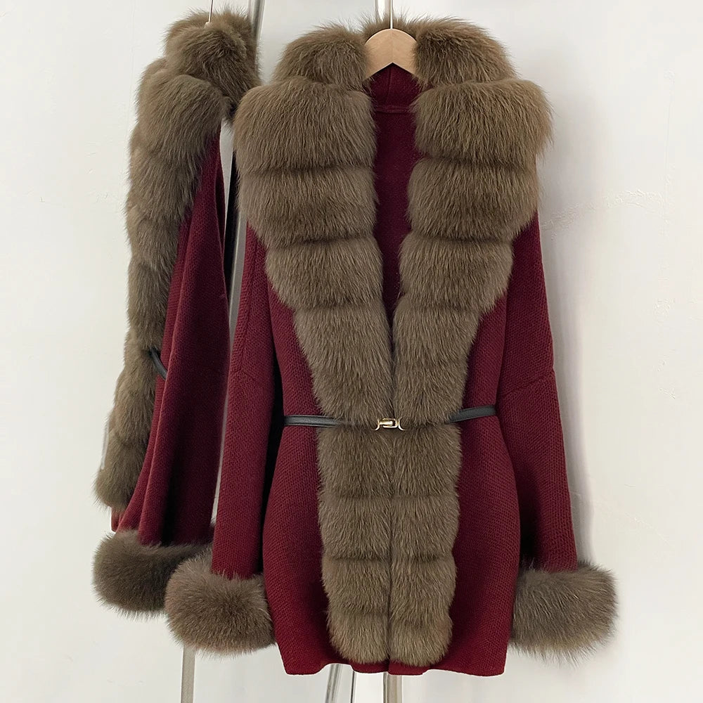 OFTBUY Belt Textured Knit Warm Winter Luxury Outerwear Female Sweater Cardigan New Women's Knit Coat with Large Real Fox Fur