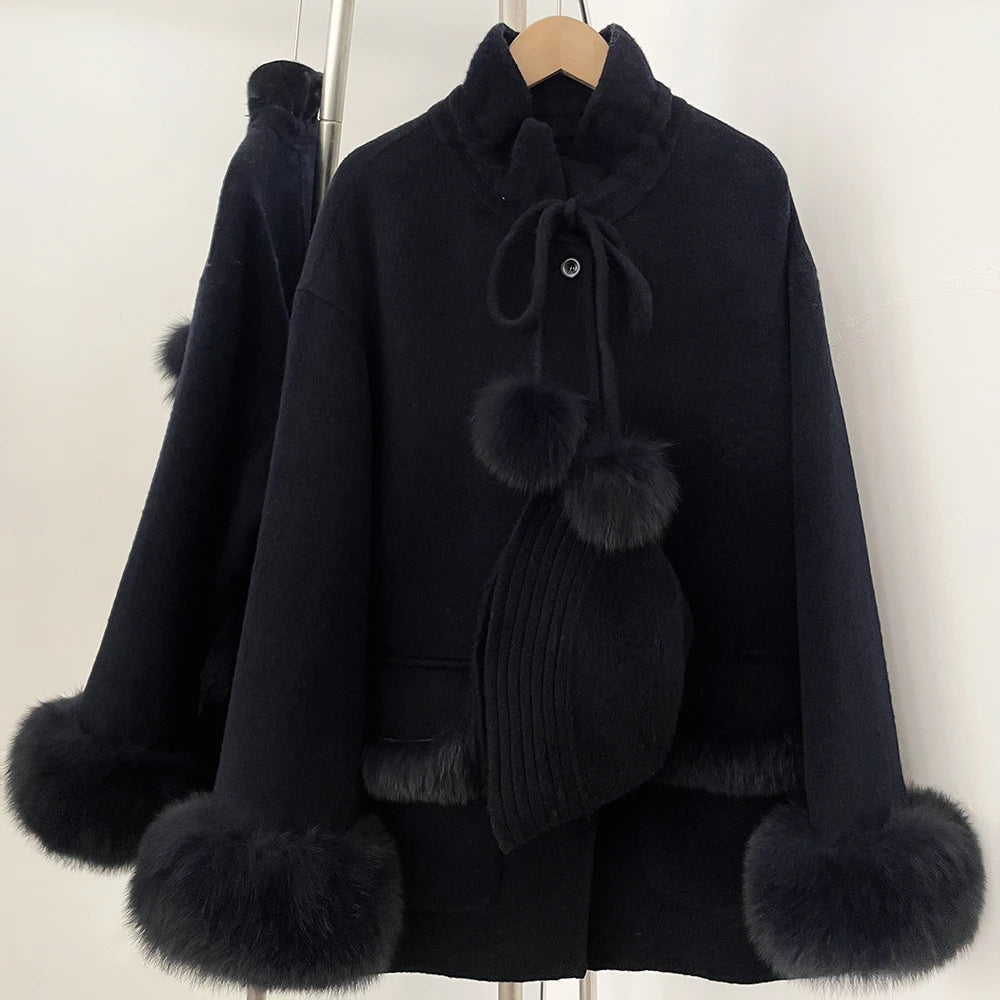 OFTBUY Loose Real Fox Fur 100% Wool Coat with Hat New Autumn Winter Top Clothes Women Natural Fur Cashmere Woolen Jacket Female