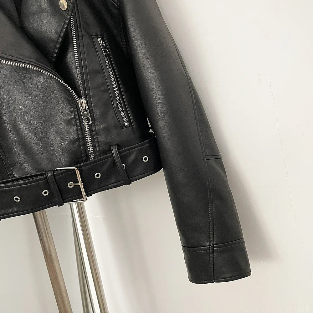 OFTBUY Fashion Faux Leather Jacket Female New Spring Autumn Long Sleeves Fake Leather Clothes Women Short Pu Leather Coat