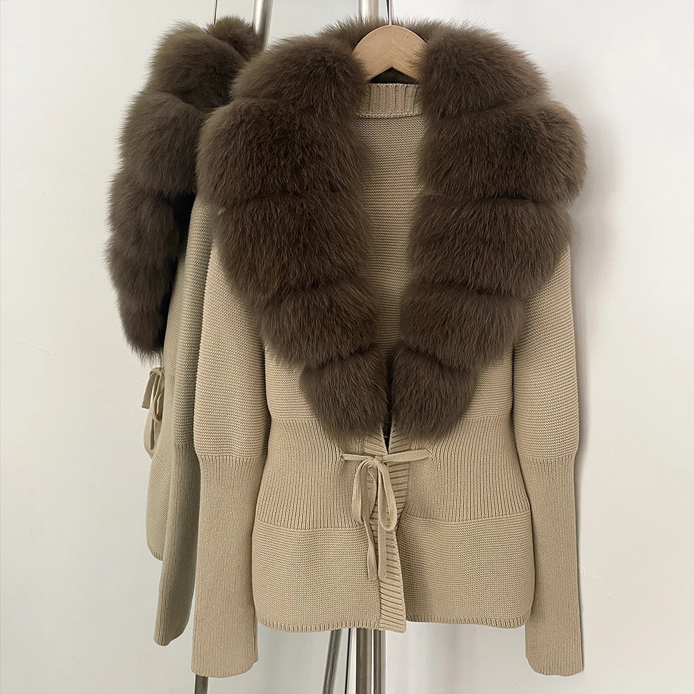 OFTBUY Luxury 100% Cotton Jacket with Real Fox Fur Collar New Autumn Winter Knit Cardigan Women Slim Warm Sweater Outerwear Lady
