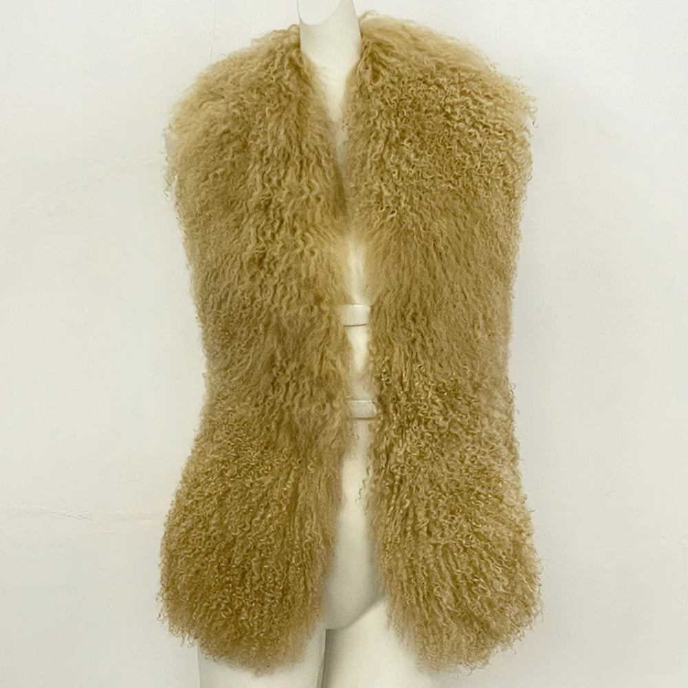 OFTBUY Solid Deep V-Neck Backless Bandage Sleeveless Jackets Fluffy Luxury Real Mongolian Fur Halter Vests Women Outerwear Coat