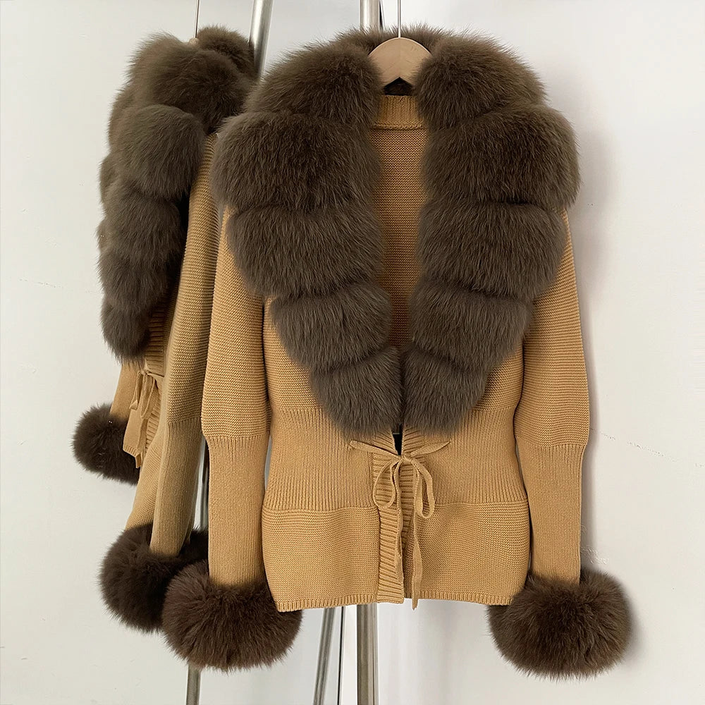 OFTBUY New Autumn Winter Knit Cardigan Women Fashion Warm Clothes with Real Fox Fur Luxury Natural Fur Sweater Jacket Female