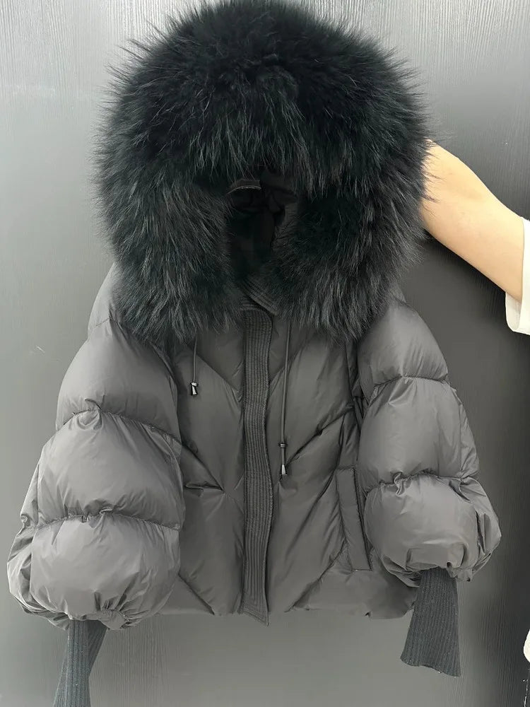 OFTBUY New Winter Large Real Fur Hooded Puffer Jacket Women Thicken Warm Knitted Sleeve Coat Lady White Duck Down Mid Long Parka