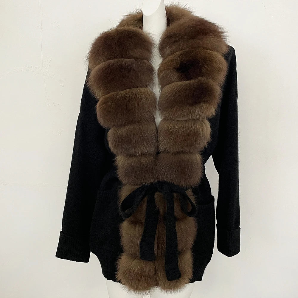OFTBUY Trim Belted Waist Warm Winter Luxury Fashion Outerwear Sweater Female New Women's Knit Cardigan with Large Real Fox Fur