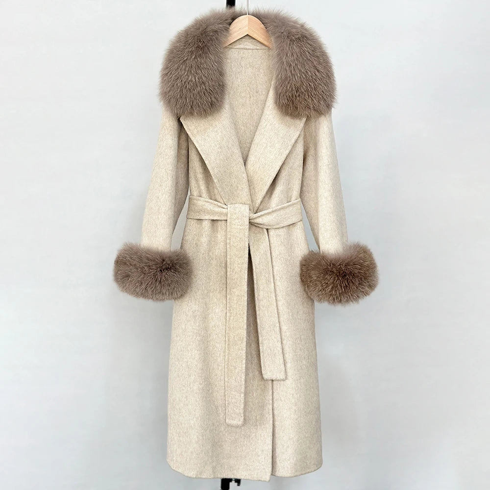 OFTBUY Fashion Warm Top Clothing Women Real Fur Wool Coat Female New Autumn Winter Wool Jacket with Natural Fur Collar and Cuffs