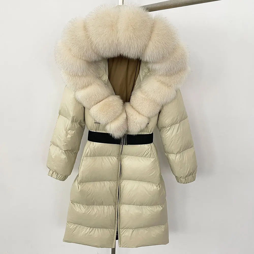OFTBUY New Natural Thick Warm Duck Down Coat Female Long Winter Jacket Women Real Big Fox Fur Collar Belt Loose Puffer Parka