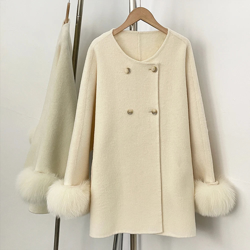 OFTBUY New Women's Double-Faced Wool Coat with Real Fox Fur Cuffs Round Neck Warm Winter Elegant Fashion Outerwear Woolen Coat