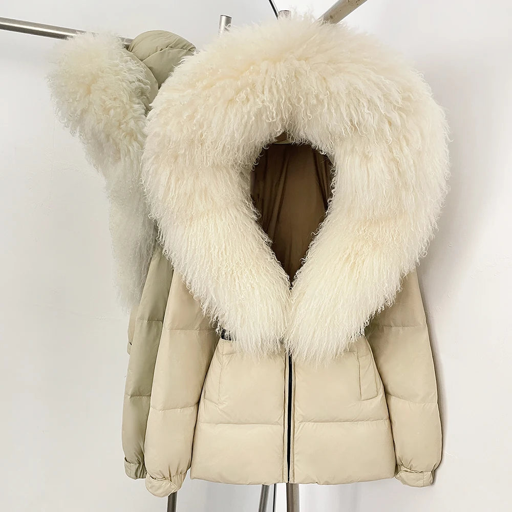 OFTBUY New Belted Luxury Warm Winter Women's Puffer Jacket with Real Mongolia Sheep Fur Collar Outerwear Duck Dowm Coat Female