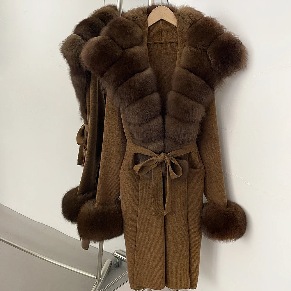 OFTBUY Fashion Warm Belt Real Fox Fur Cardigan New Natural Fur Collar Long Knit Jacket Women Atrumn Winter Top Clothing Female