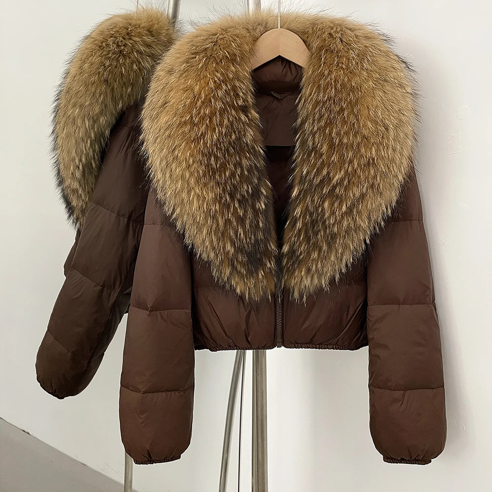 OFTBUY New Puffer Jacket Women with Large Natural Fox Fur Collar Short Fluffy Thick Parkas Female 90% White Duck Down Coat Lady