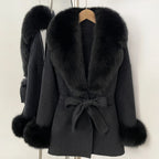 OFTBUY New Women's Double-Faced Wool Coat with Large Real Fox Fur Collar Cuffs Belted Warm Winter Elegant Fashion Outerwear Lady