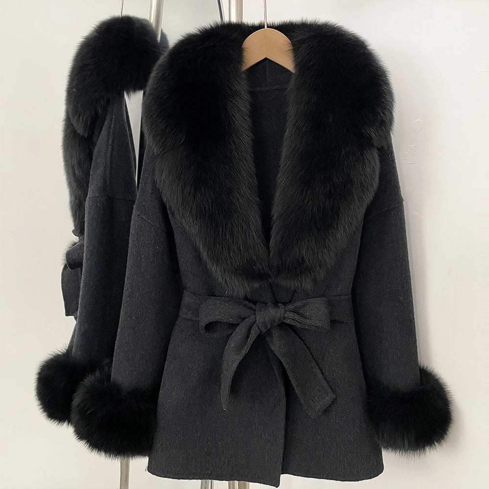 OFTBUY New Women's Double-Faced Wool Coat with Large Real Fox Fur Collar Cuffs Belted Warm Winter Elegant Fashion Outerwear Lady