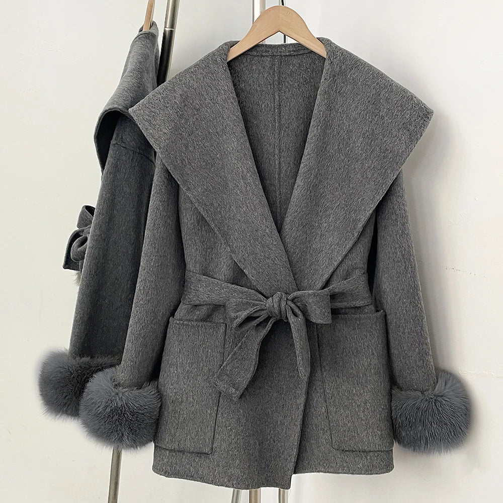 OFTBUY Pockets Elegant Warm Winter Fashion Outerwear Female New Women's Double-Faced Wool Coat Lapel Collar Belt Real Fox Fur