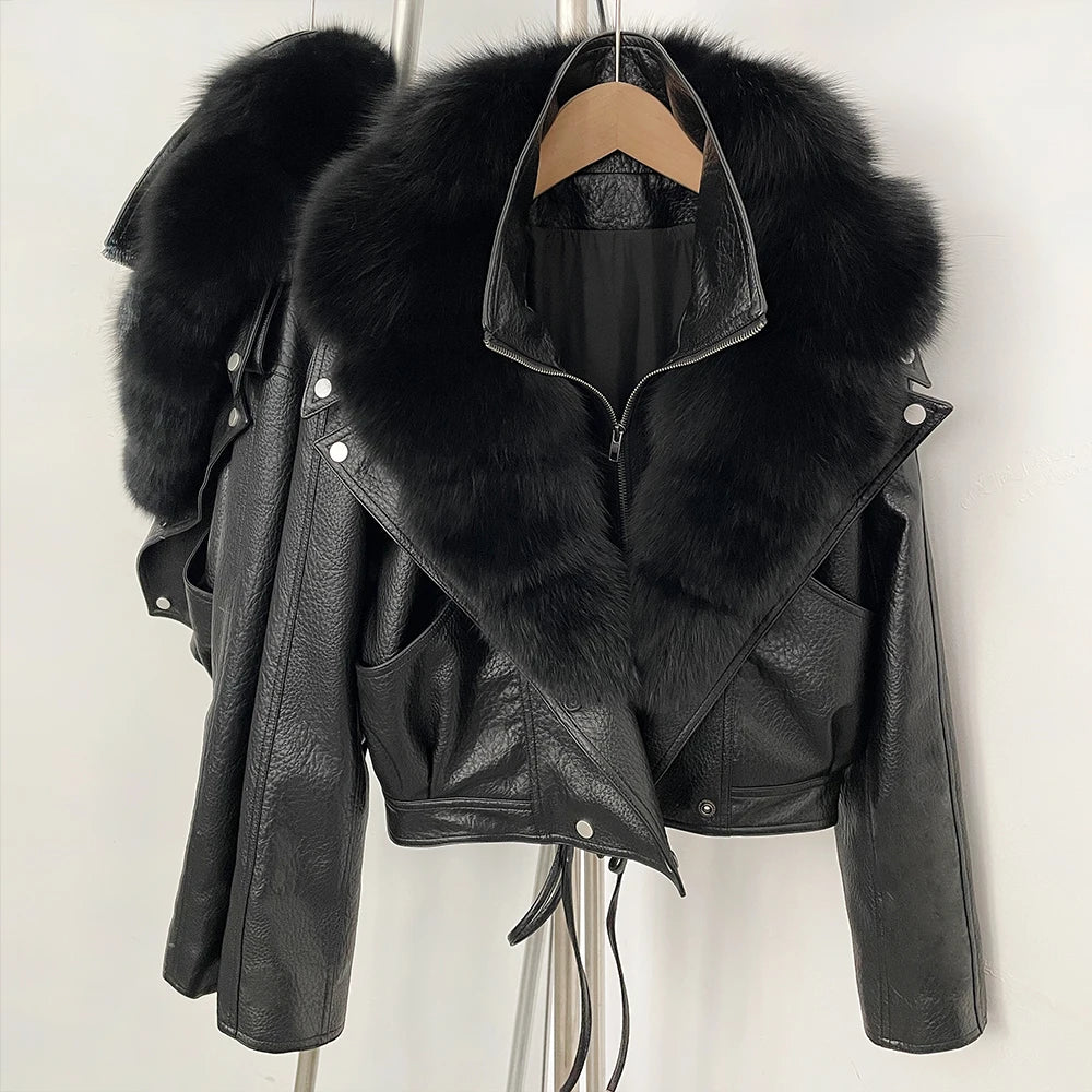 OFTBUY Women's Black Faux Leather Moto Jacket with Real Fox Fur Collar PU Leather Cropped Biker Coat Female New Winter Outerwear