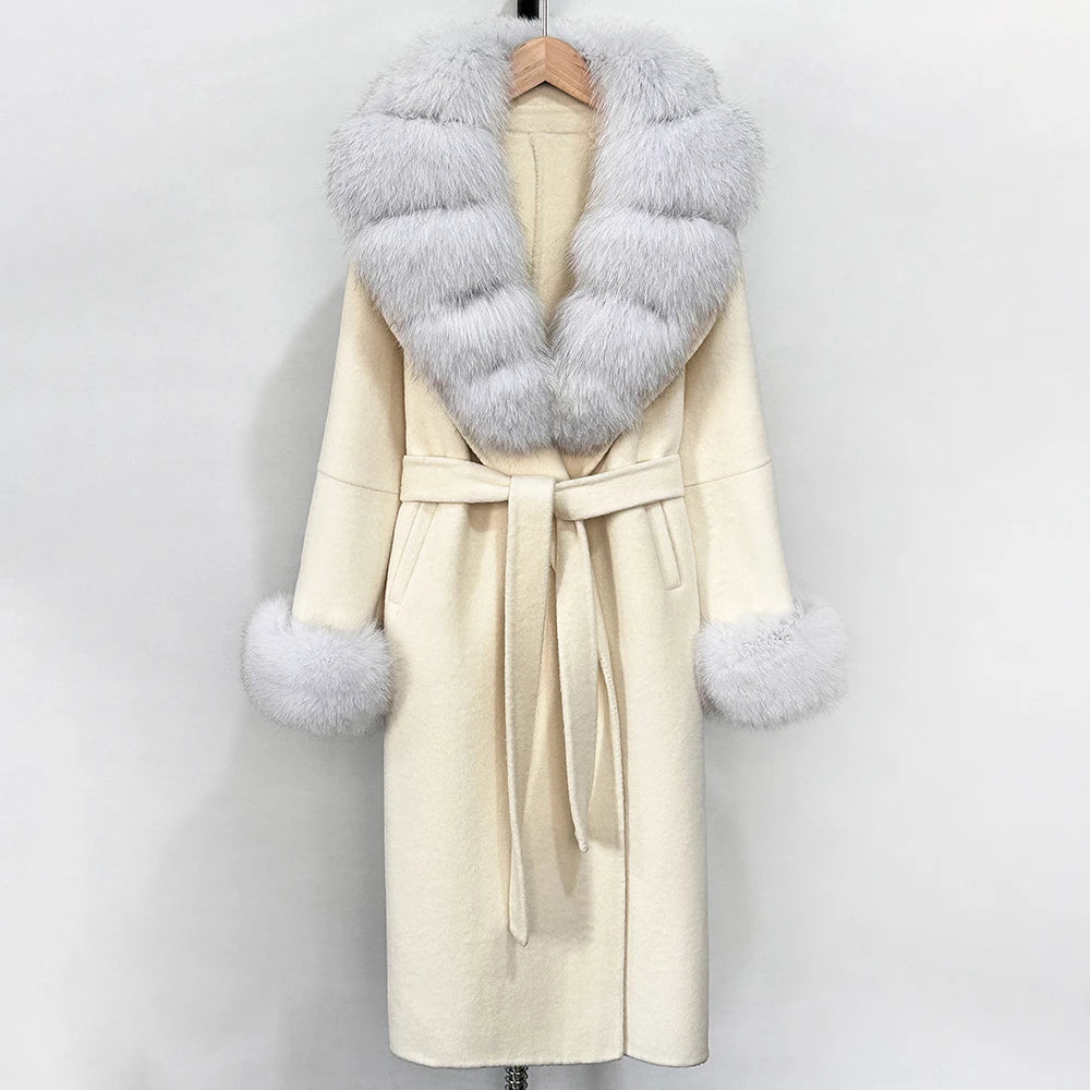 OFTBUY New Women's Double-Faced Wool Coat with Large Real Fox Fur Belted Warm Winter Luxury Fashion Outerwear Woolen Jacket Lady