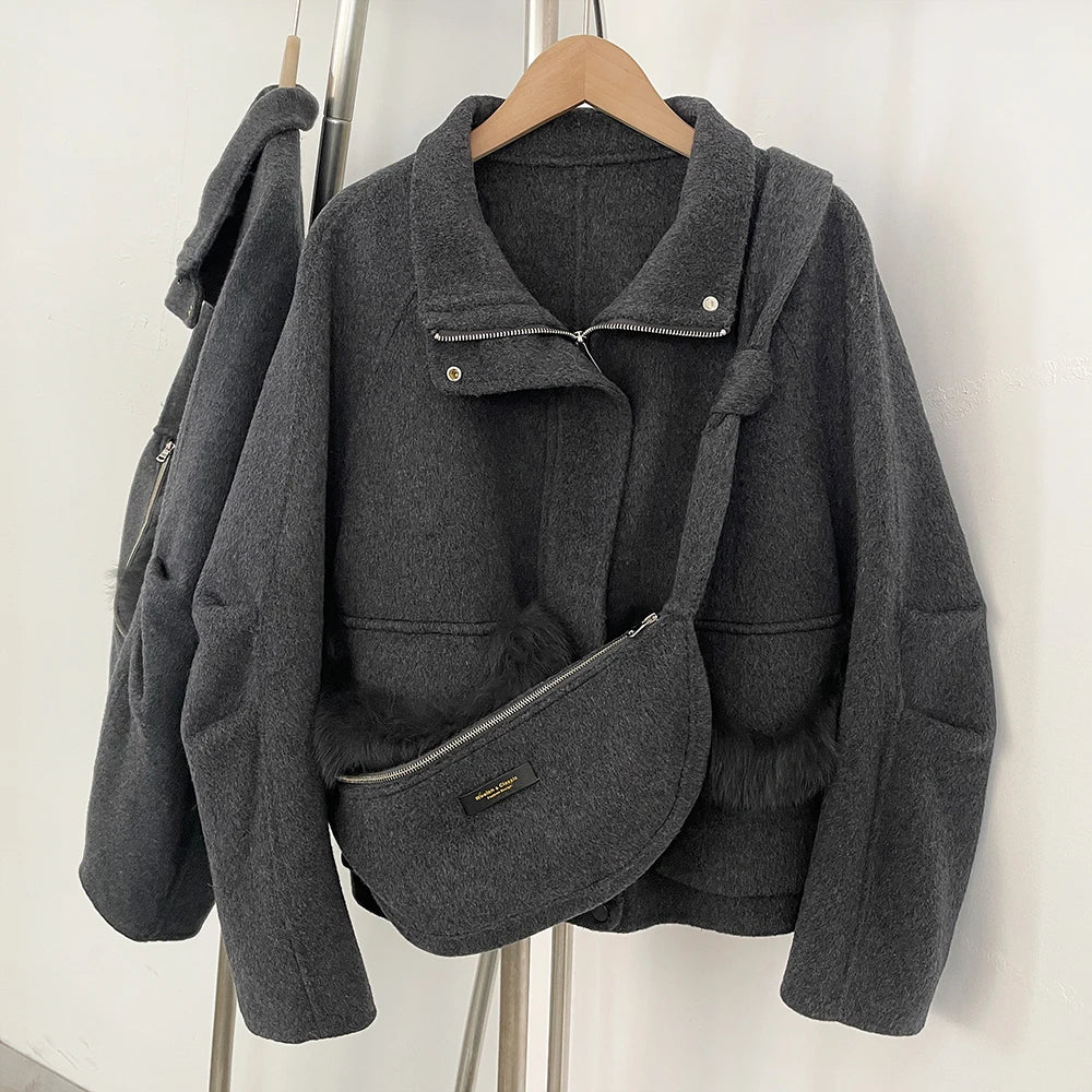 OFTBUY Short Zipper Real Fox Fur Woolen Jacket Fashion Casual Long Sleeves Woo Coat Female with Bag New Autumn Clothes Women