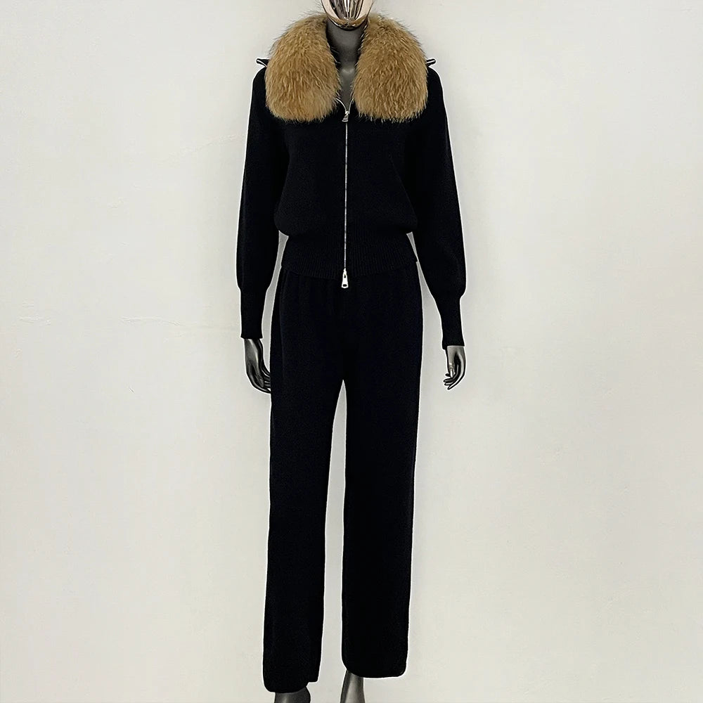 OFTBUY Winter New Women's Knitted Tracksuit Set with Fox Fur Collar Zipper Jacket Wide Leg Pants Luxury Casual Two-Piece Outfit