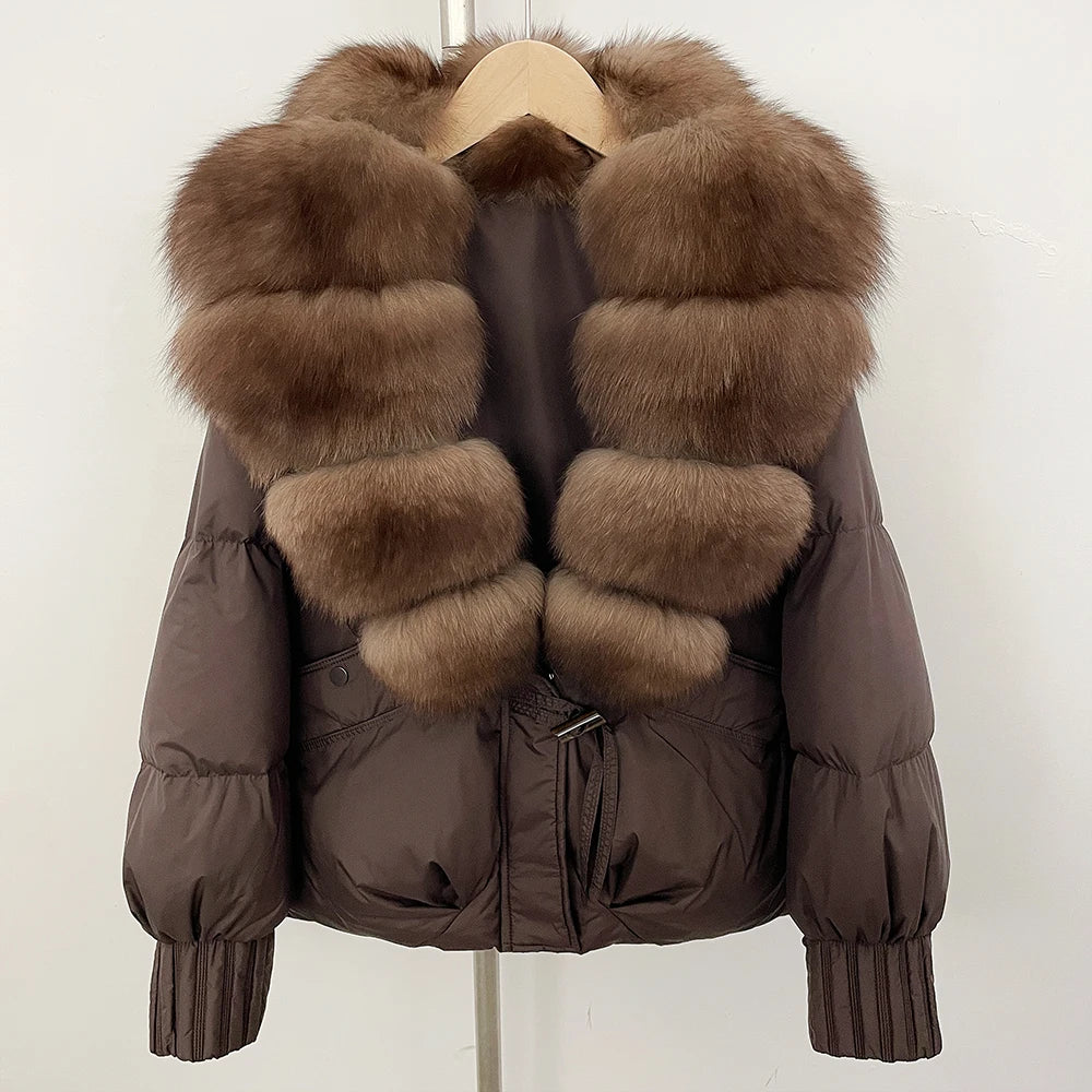 OFTBUY Luxury 90% Duck Down Puffer Jacket with Oversized Real Fox Fur Collar - Short Tiered Winter Coat