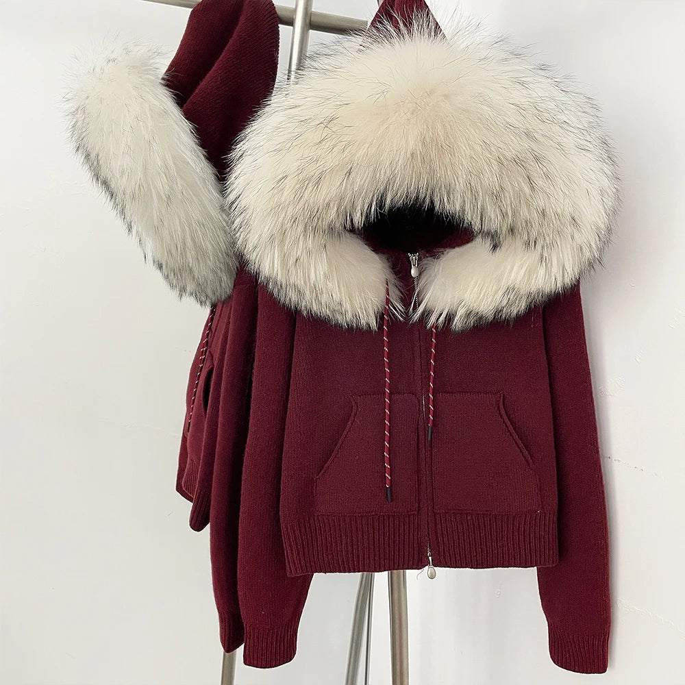 OFTBUY New Women's Beige Knit Hoodie with Large Real Fox Fur Trim Zipper Pockets Warm Winter Fashion Casual Outerwear Lady