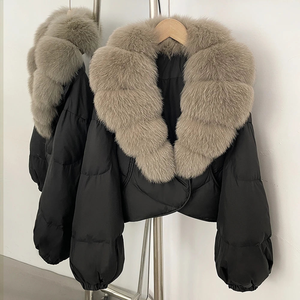 OFTBUY New Winter Real Fox Fur Short Puffer Jackets Women Natural Thick Warm 90% White Duck Down Cropped Loose Waterproof Coat