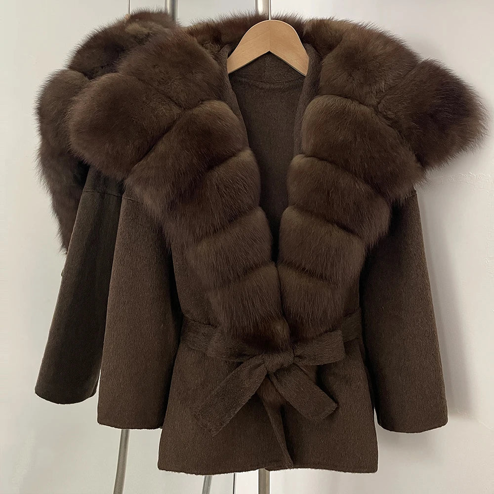 OFTBUY Belt Real Fox Fur Wool Coat Female New Autumn Winter Warm Clothes Women Natural Fox Fur Collar Cashmere Woolen Jacket