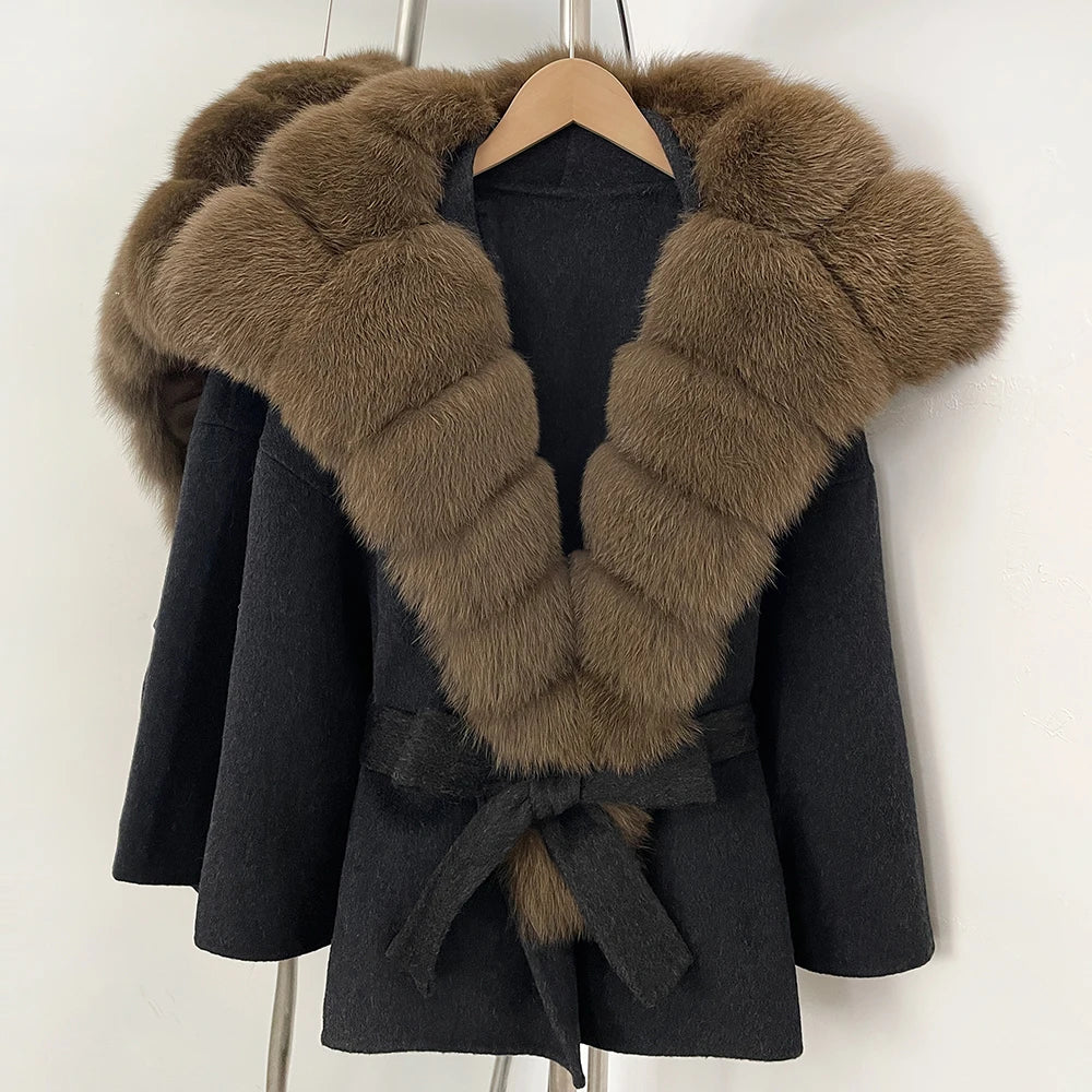 OFTBUY Belt Real Fox Fur Wool Coat Female New Autumn Winter Warm Clothes Women Natural Fox Fur Collar Cashmere Woolen Jacket