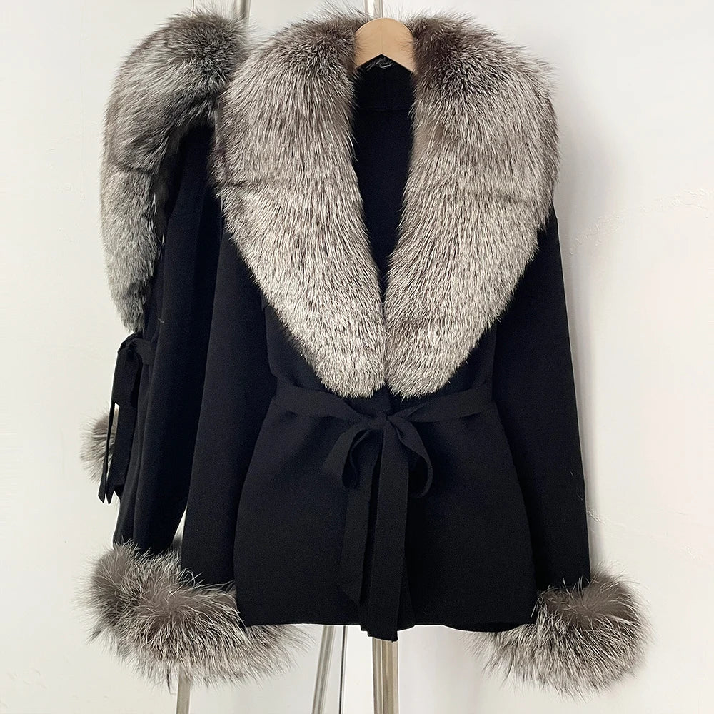 OFTBUY New Women's Knit Cardigan with Real Fox Fur Collar and Cuff Belt Luxury Coat Warm Autumn Fashion Outerwear Sweater Female