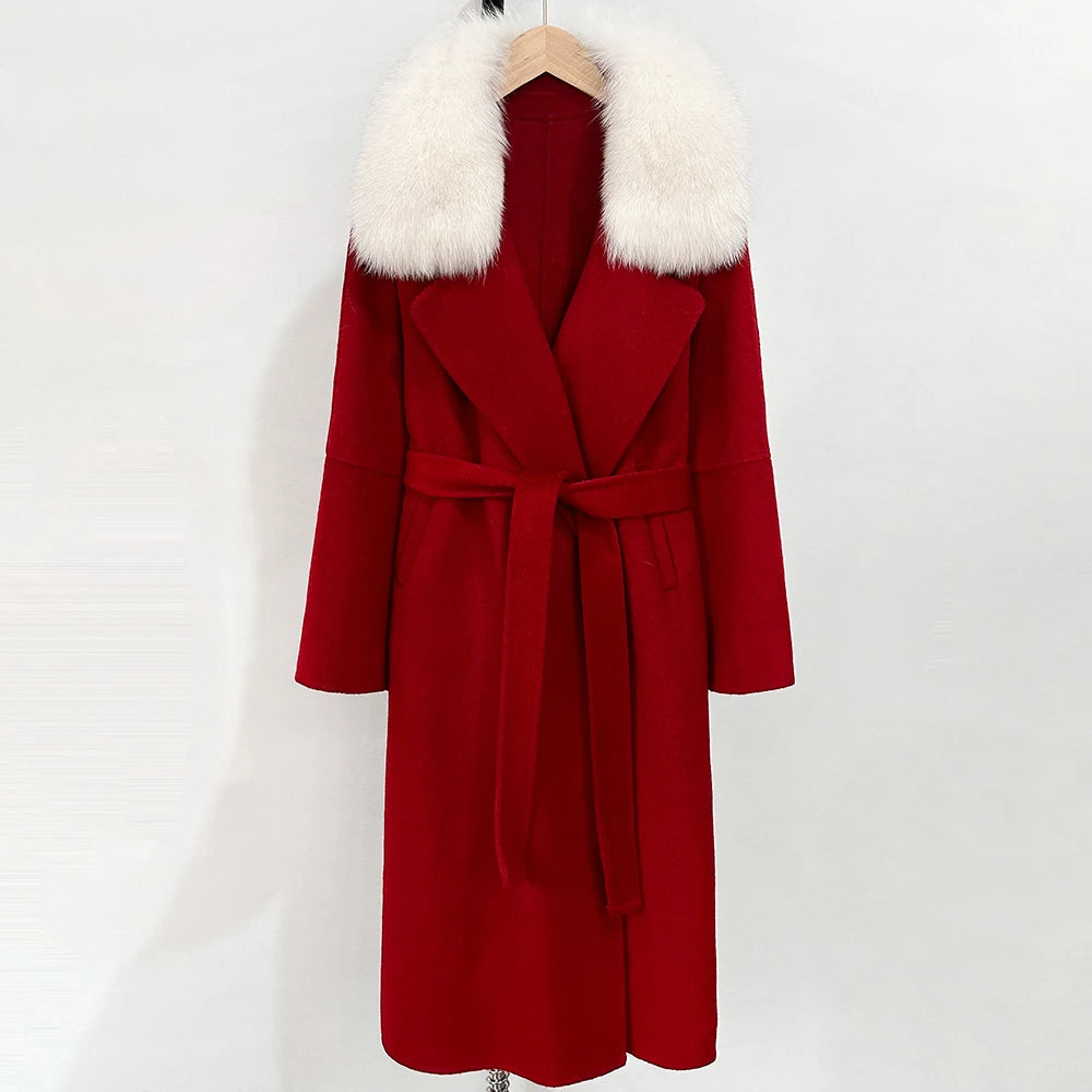 OFTBUY New Autumn Winter Long Clothing Women Fashion Warm Wool Coat with Real Fox Fur Collar Belt Elegant Woolen Jcacket Female