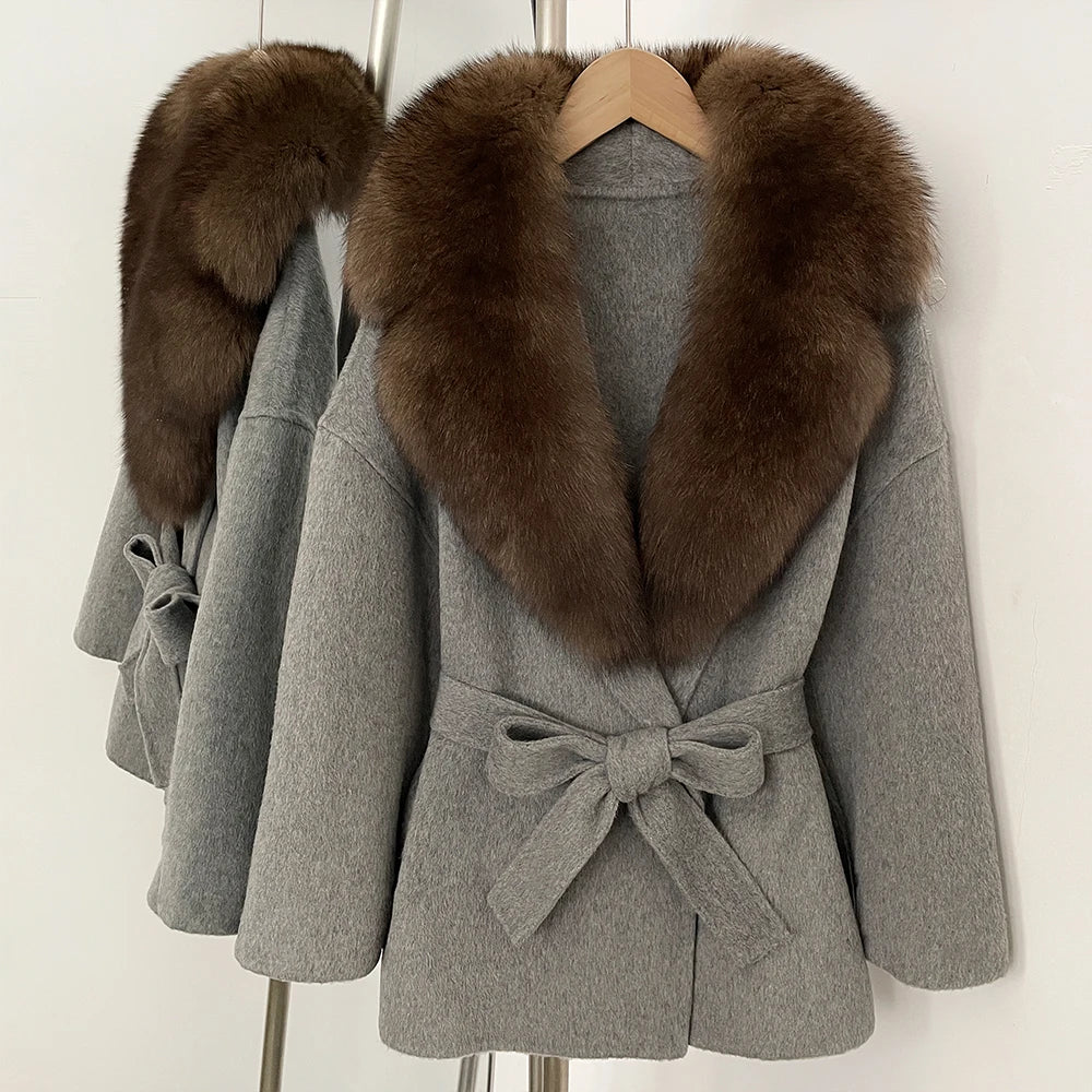 OFTBUY Belted Warm Winter Elegant Fashion Outerwear Lady New Women's Double-Faced Wool Coat with Large Real Fox Fur Collar Cuffs