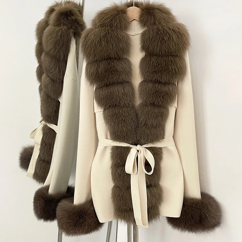 OFTBUY New Spring Autumn Clothing Women Fashion Real Fox Fur Kint Cardigan Female Belt Luxury Loose Fur Cuffs Sweater Jacket