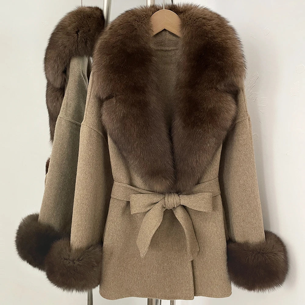 OFTBUY New Women's Double-Faced Wool Coat with Large Real Fox Fur Collar Cuffs Belted Warm Winter Elegant Fashion Outerwear Lady