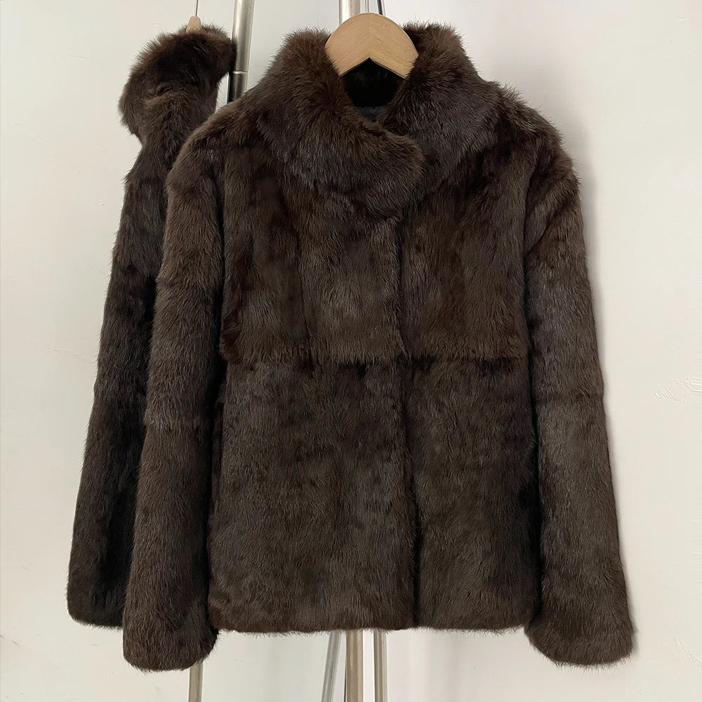 OFTBUY Women's Real Rabbit Fur Coat Luxury Camel Fur Jacket with Stand Collar New Warm Autumn Winter Clothes Female Outerwear