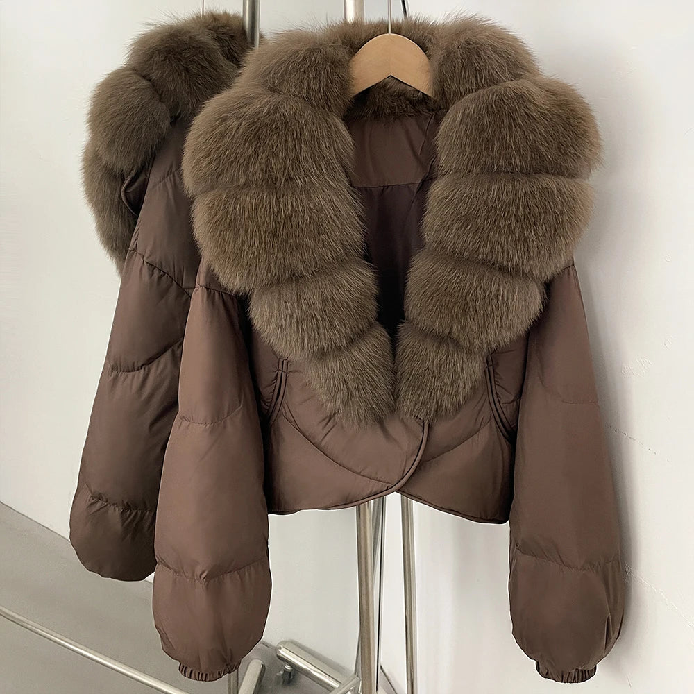 OFTBUY New Winter Real Fox Fur Short Puffer Jackets Women Natural Thick Warm 90% White Duck Down Cropped Loose Waterproof Coat