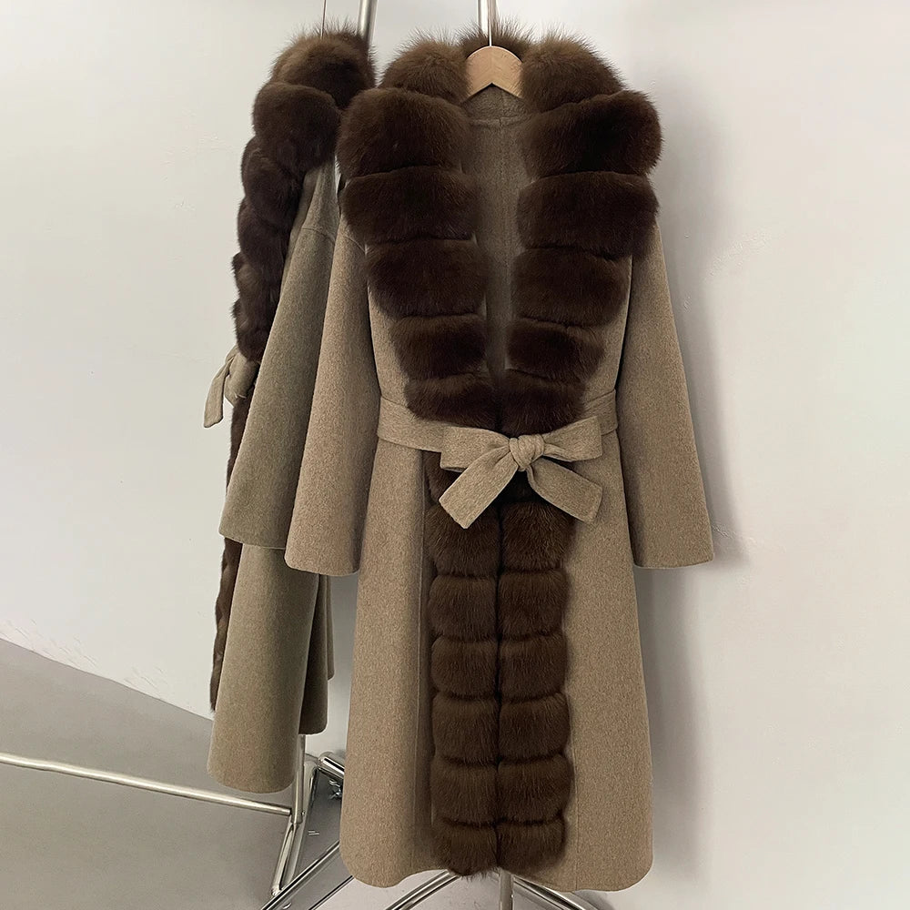 OFTBUY New Autumn Winter Clothes Women Belt Natural Fur Collar Woolen Jacket Long Big Fox Fur Pinnacle 100% Wool Coat Female