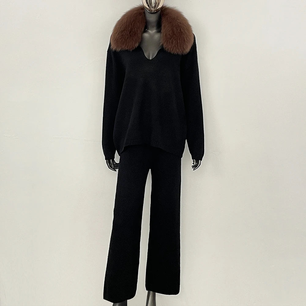 OFTBUY New Women's Knit Two Piece Set with Real Fox Fur Collar Loose Pants Warm Winter Elegant Casual Outfit Sweater Female