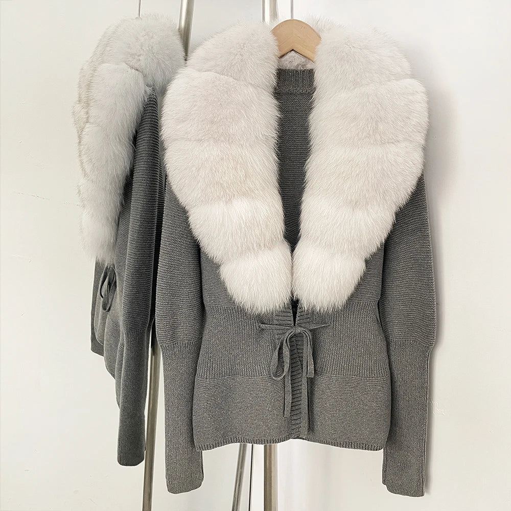 OFTBUY Luxury 100% Cotton Jacket with Real Fox Fur Collar New Autumn Winter Knit Cardigan Women Slim Warm Sweater Outerwear Lady