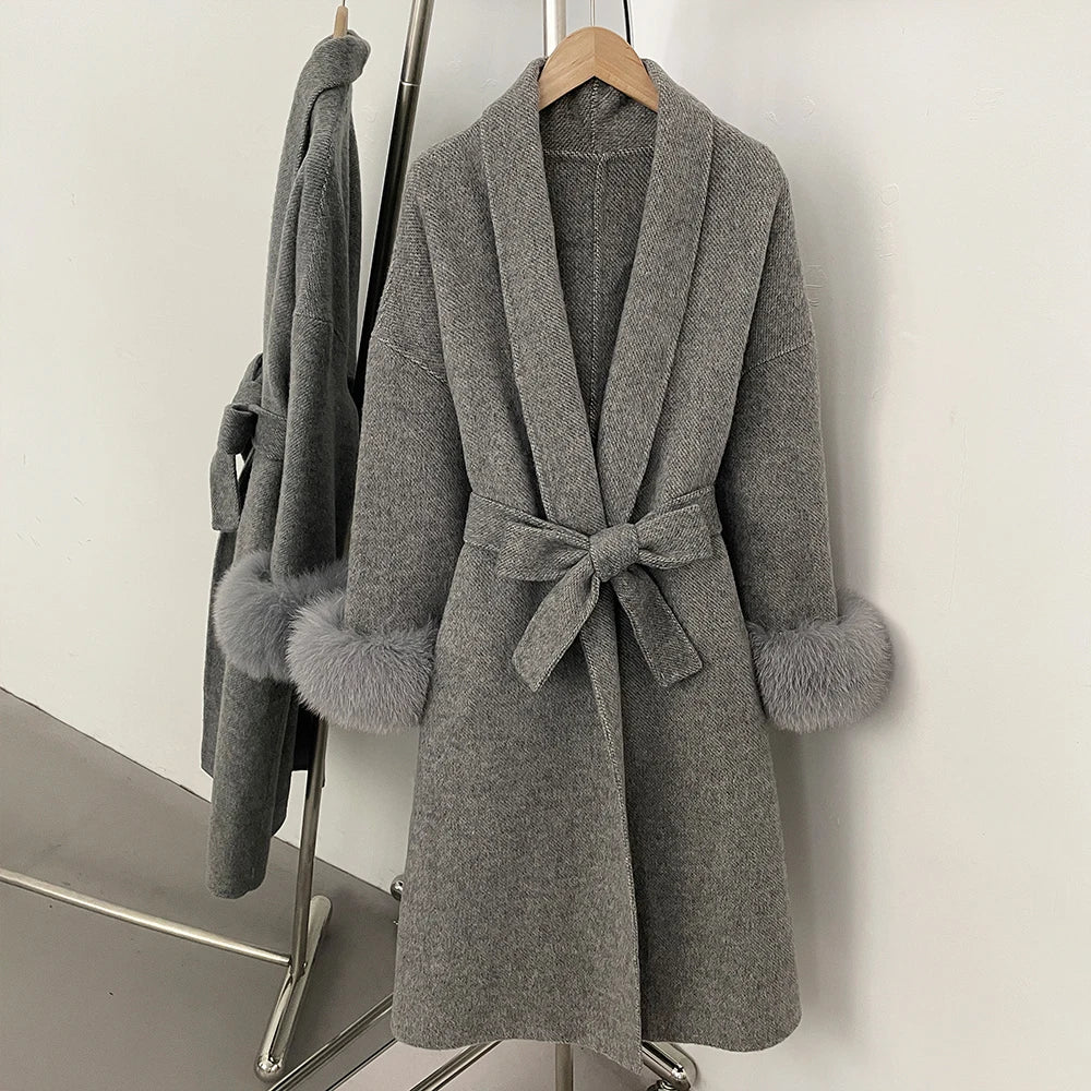 OFTBUY New Women's Double-Faced Wool Coat with Real Fox Fur Cuffs Belted Warm Winter Elegant Fashion Outerwear Wool Jacket Lady