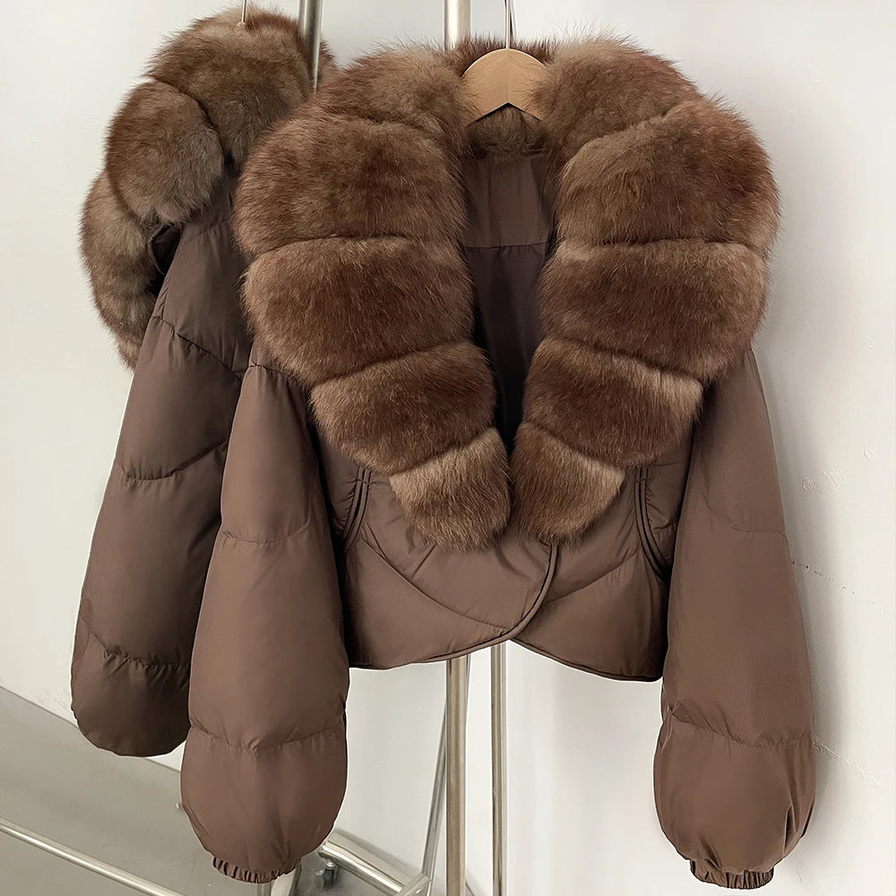 OFTBUY New Winter Real Fox Fur Short Puffer Jackets Women Natural Thick Warm 90% White Duck Down Cropped Loose Waterproof Coat