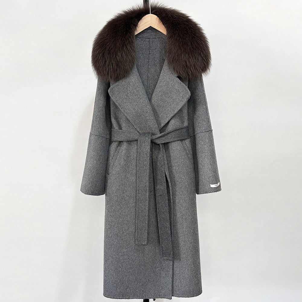 OFTBUY New Autumn Winter Long Clothing Women Fashion Warm Wool Coat with Real Fox Fur Collar Belt Elegant Woolen Jcacket Female