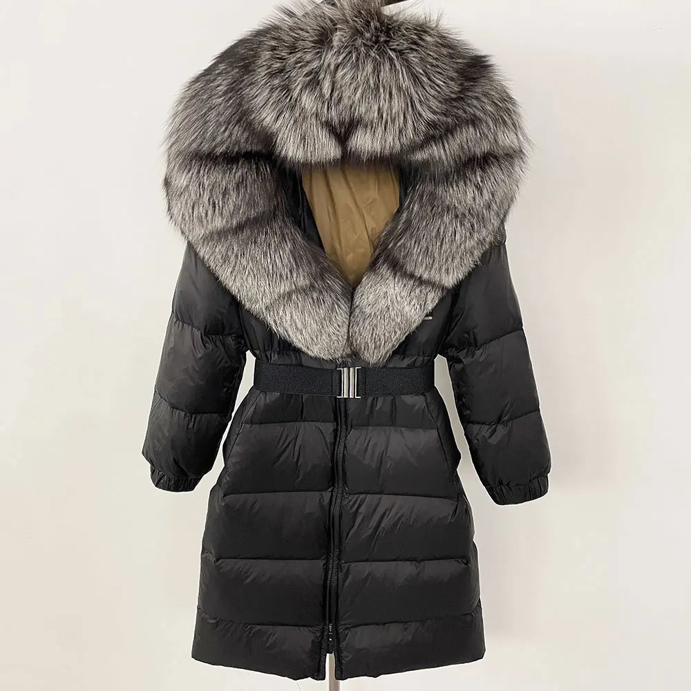 OFTBUY New Natural Thick Warm Duck Down Coat Female Long Winter Jacket Women Real Big Fox Fur Collar Belt Loose Puffer Parka