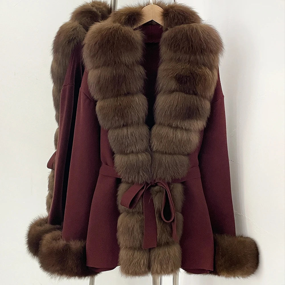 OFTBUY New Spring Autumn Clothing Women Fashion Real Fox Fur Kint Cardigan Female Belt Luxury Loose Fur Cuffs Sweater Jacket