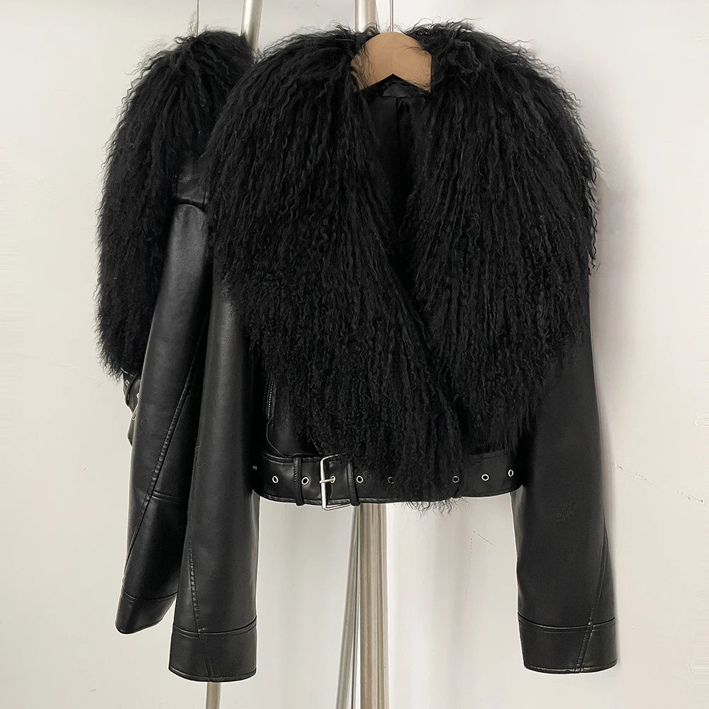 OFTBUY New Autumn Winter Clothes Women Fashion Warm Short Faux Leather Jacket Female Luxury Real Mongolia Sheep Fur Collar Coat